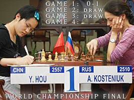 Alexandra Kosteniuk beat Hou Yifang in the first game of the Final of the World Chess Championship in Nalchik