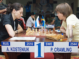 Alexandra Kosteniuk beat Pia Cramling in their first game at the World Chess Championship in Nalchik
